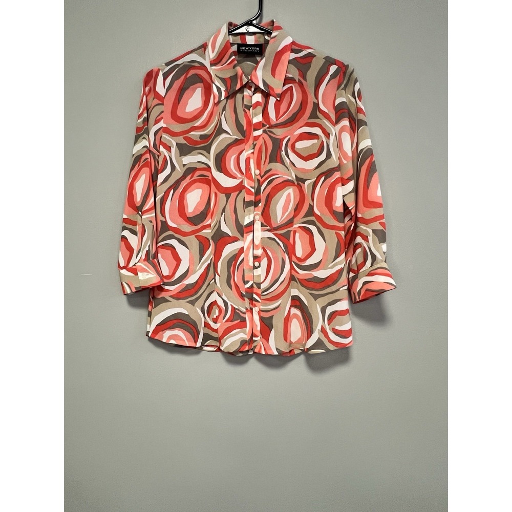 New York & Co Multi Color Semi Sheer 3/4 Sleeve Shirt Blouse Top Button Sz S